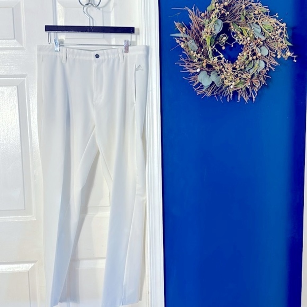 Men’s White Adidas Three Stripe Polyester & Spandex Golf Athletic Pants 36 x 32